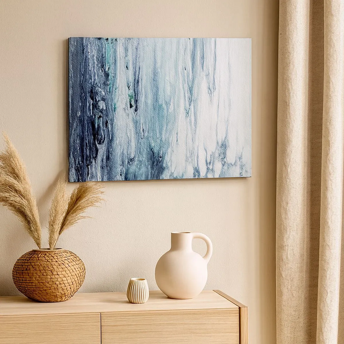 Obraz na płótnie - Abstrakcyjne niebieskie i białe smugi przypominające sople lodu - 70x50cm - Sople błękitu - Nowoczesna dekoracja ścienna do salonu i sypialni ARTTOR