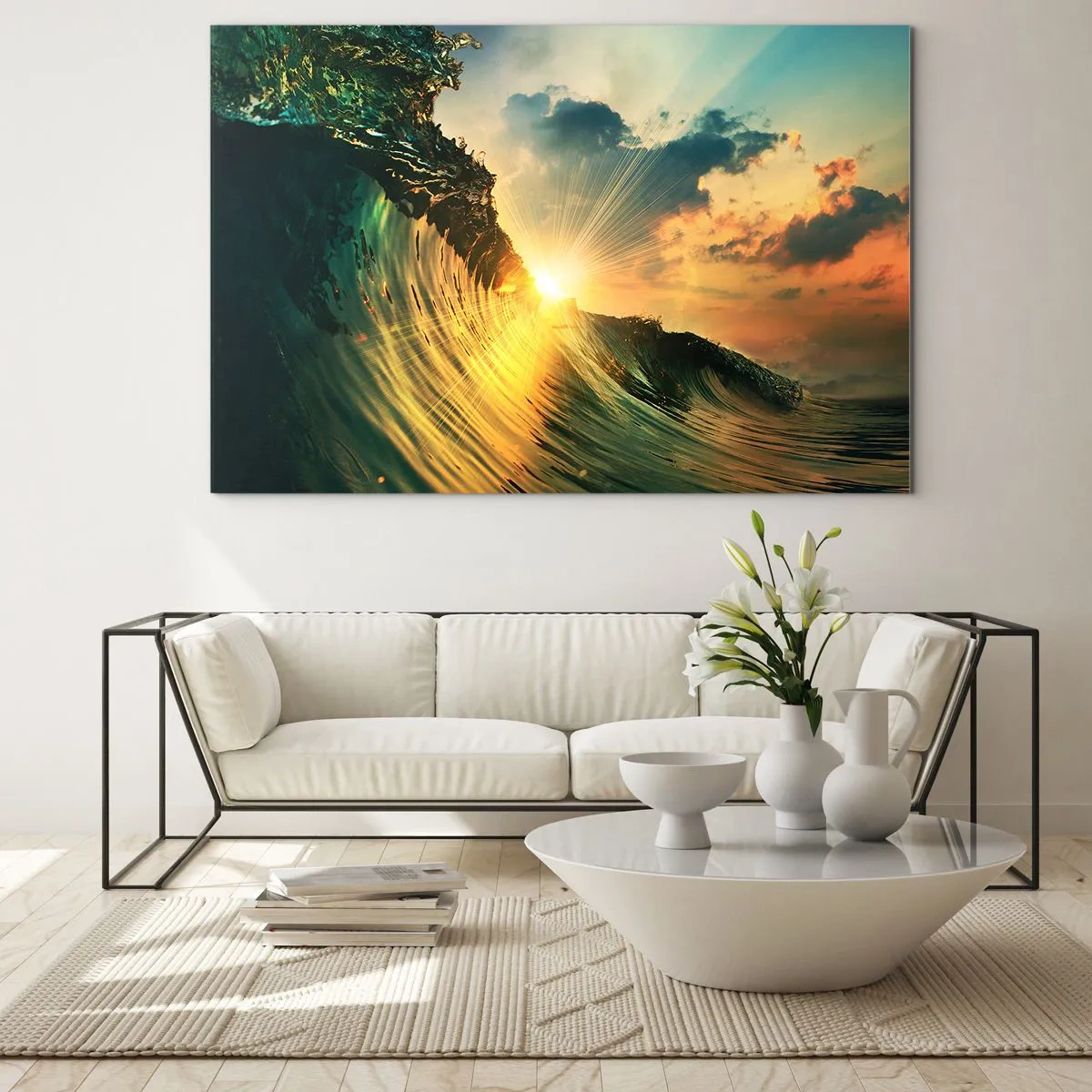 Obraz na szkle - Zachodzące słońce oświetlające fale oceanu - 70x50cm - Surferze, gdzie jesteś? - Nowoczesna dekoracja ścienna do salonu i sypialni ARTTOR