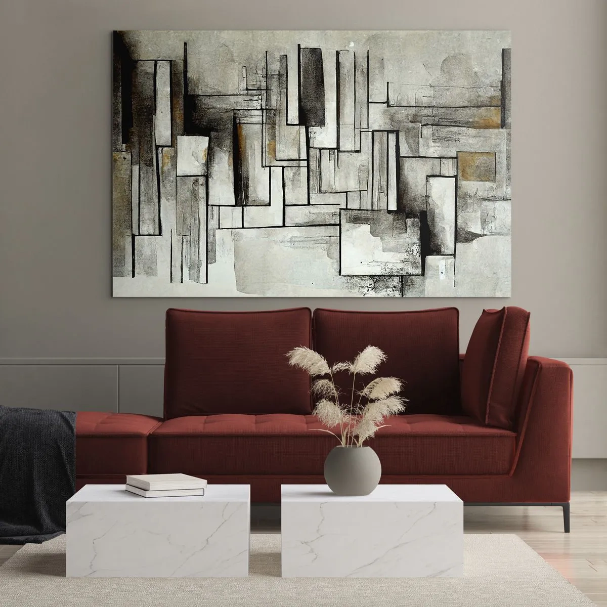 Obraz na szkle - Geometryczna kompozycja prostokątów w stonowanej, szarej tonacji - 70x50cm - Siła prostoty - Nowoczesna dekoracja ścienna do salonu i sypialni ARTTOR
