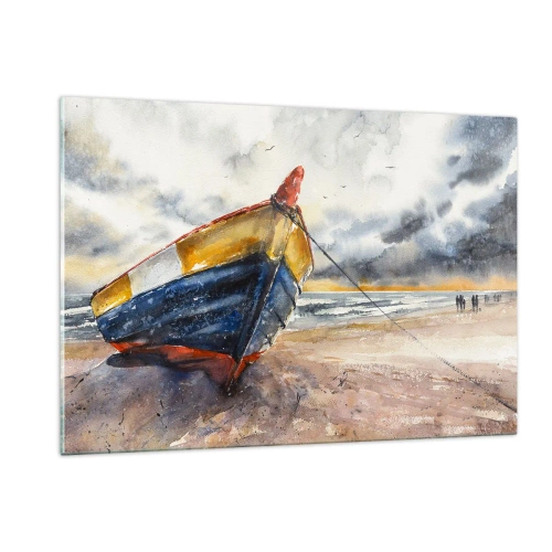 Obraz na szkle - Kolorowa łódź na plaży podczas zachmurzonego dnia - 120x80cm - Odpoczynek na brzegu - Nowoczesna dekoracja ścienna do salonu, kuchni i sypialni ARTTOR