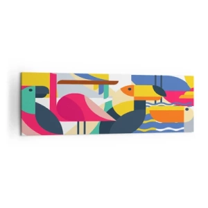 Obraz na płótnie - Kolorowe ptaki w abstrakcyjnej, geometrycznej kompozycji - 160x50cm - Ptasie party - Nowoczesna dekoracja ścienna do salonu i sypialni ARTTOR