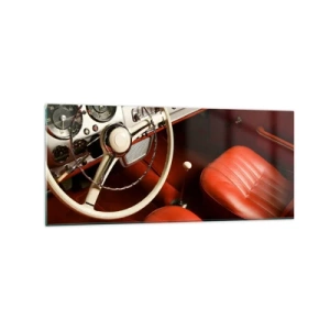 Obraz na szkle - Wnętrze klasycznego samochodu z czerwonymi skórzanymi siedzeniami - 120x50cm - Luksus w stylu vintage - Nowoczesna dekoracja ścienna do salonu i sypialni ARTTOR