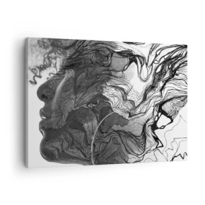Obraz na płótnie - Abstrakcyjna twarz w czerni i bieli z dynamicznymi liniami - 70x50cm - Zaplątana w marzeniach - Nowoczesna dekoracja ścienna do salonu i sypialni ARTTOR