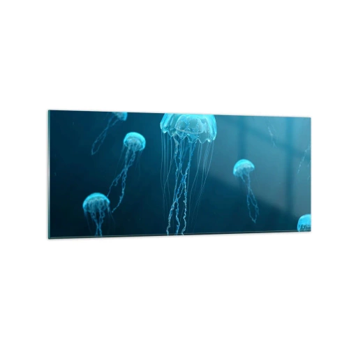Obraz na szkle - Meduzy unoszące się w głębinach oceanu w niebieskiej tonacji - 120x50cm - Oceaniczny taniec - Nowoczesna dekoracja ścienna do salonu i sypialni ARTTOR