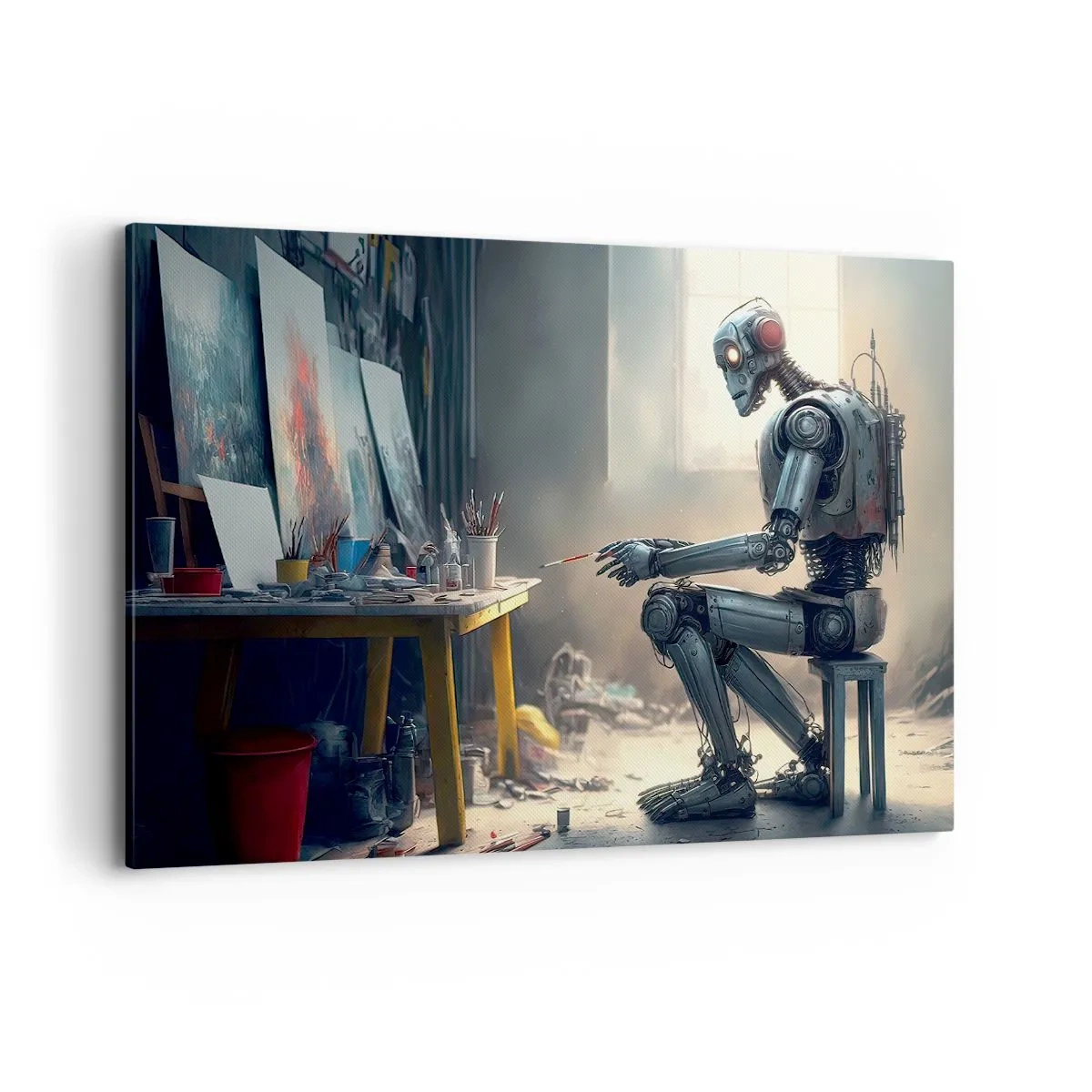 Obraz na płótnie - Robot malujący obraz w artystycznej pracowni - 120x80cm - Akt kreacji - Nowoczesna dekoracja ścienna do salonu, kuchni i sypialni ARTTOR