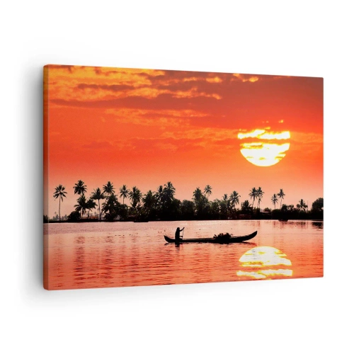 Obraz na płótnie - Tropikalny zachód słońca z łodzią na tle palm - 70x50cm - Spokój tropików o zachodzie - Nowoczesna dekoracja ścienna do salonu i sypialni ARTTOR