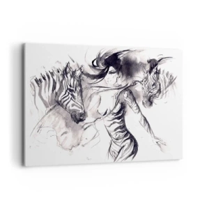 Obraz na płótnie - Kobieta w dynamicznym tańcu z zebrami w czarno-białej estetyce - 120x80cm - Tańcząca z zebrami - Nowoczesna dekoracja ścienna do salonu, kuchni i sypialni ARTTOR
