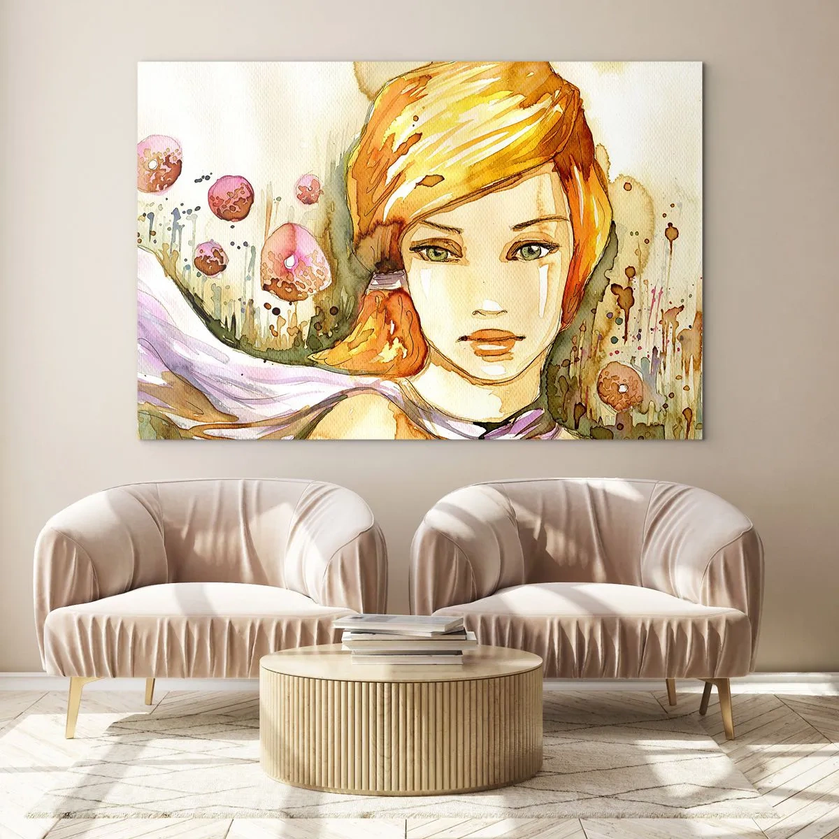 Obraz na szkle - Portret kobiety w stylu akwarelowym z abstrakcją - 100x70cm - Szmaragdowe spojrzenie, co ucisza gniew - Nowoczesna dekoracja ścienna do salonu, kuchni i sypialni ARTTOR