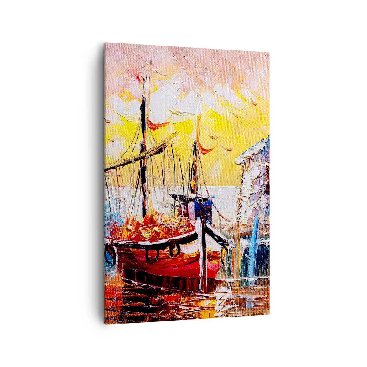 Obraz na płótnie - Malowniczy port o zachodzie słońca z łodziami rybackimi - 80x120cm - Szczęśliwy powrót - Nowoczesna dekoracja ścienna do salonu i sypialni ARTTOR