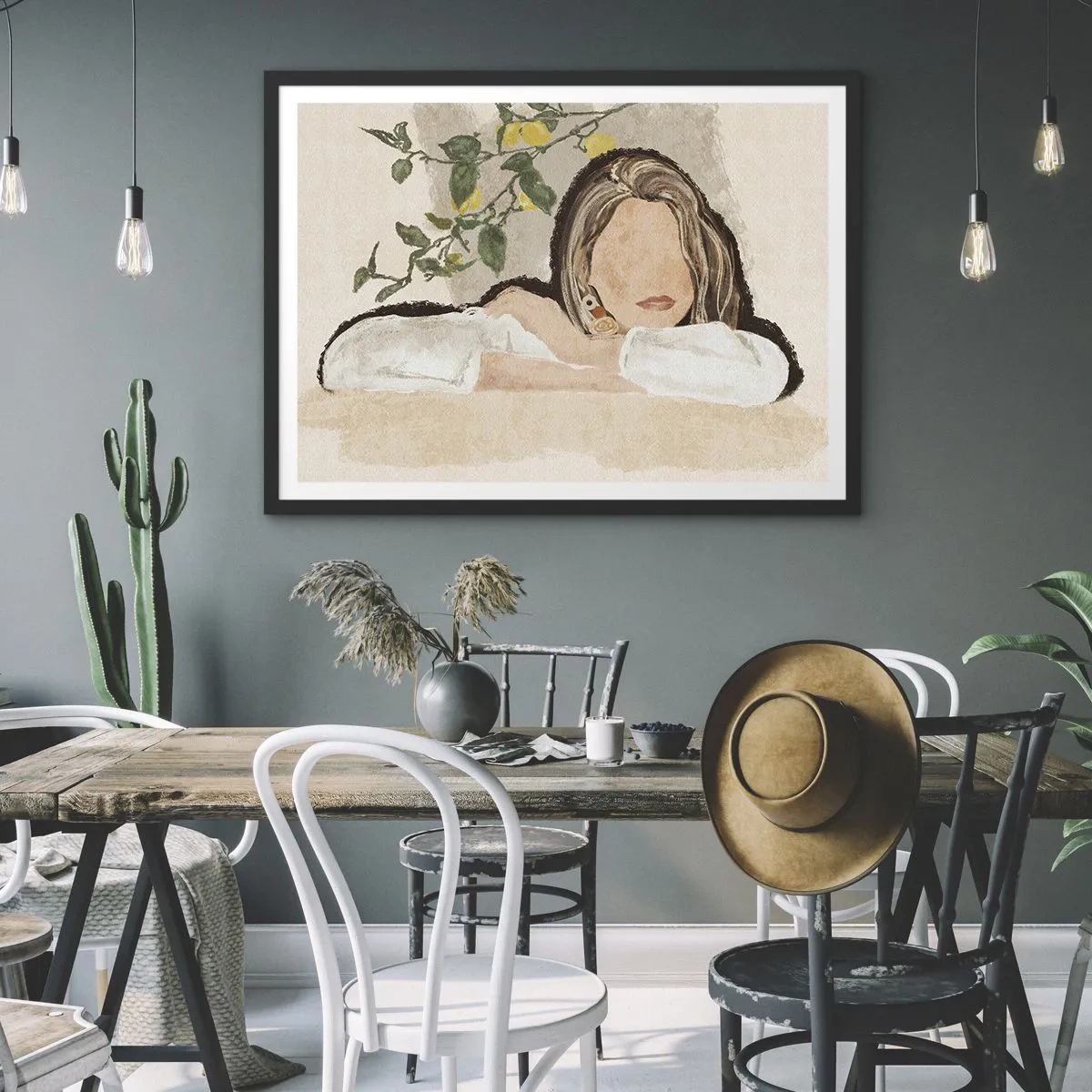 Plakat w czarnej ramie - Postać kobiety na tle cytrynowego drzewa - 100x70cm - Piękność południa - Nowoczesna dekoracja ścienna do salonu i sypialni ARTTOR