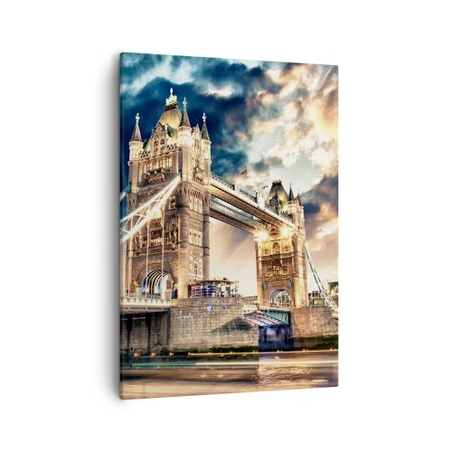 Obraz na płótnie - Tower Bridge w Londynie o zachodzie słońca - 50x70cm - Pomnik wiktoriańskiego imperium - Nowoczesna dekoracja ścienna do salonu, kuchni i sypialni ARTTOR