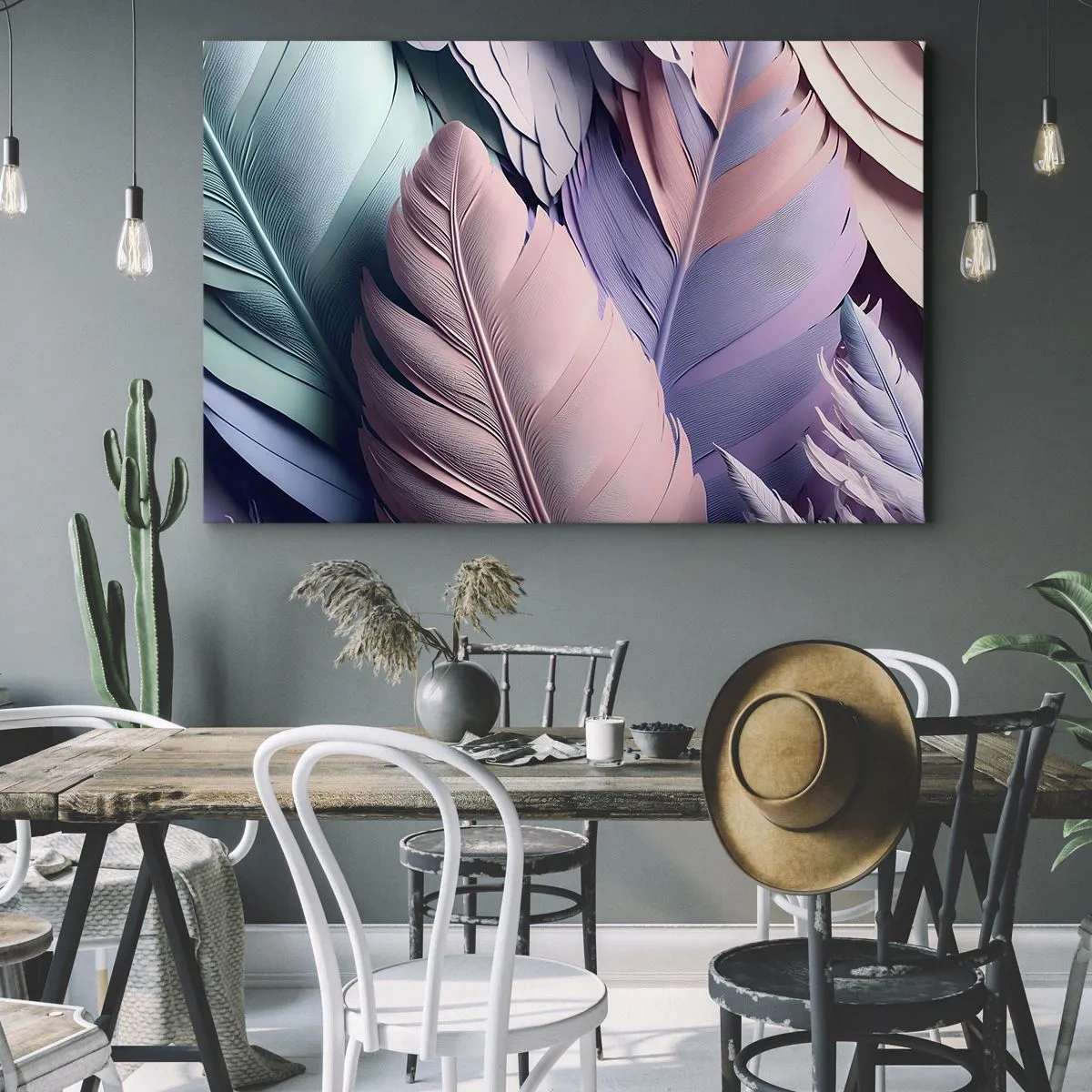 Obraz na płótnie - Kolorowe pióra w pastelowych odcieniach na jasnym tle - 70x50cm - Ptasi szyk - Nowoczesna dekoracja ścienna do salonu i sypialni ARTTOR