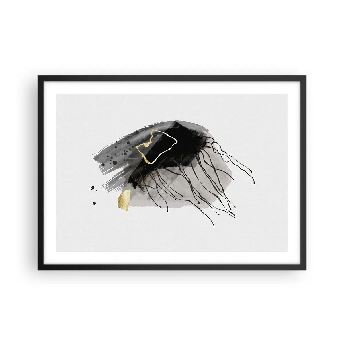 Plakat w czarnej ramie - Abstrakcyjna kompozycja z akcentami czerni i złota - 70x50cm - W czerni i w złocie - Nowoczesna dekoracja ścienna do salonu i sypialni ARTTOR