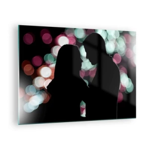 Obraz na szkle - Sylwetki pary na tle kolorowych świateł bokeh - 70x50cm - Tak! - Nowoczesna dekoracja ścienna do salonu i sypialni ARTTOR