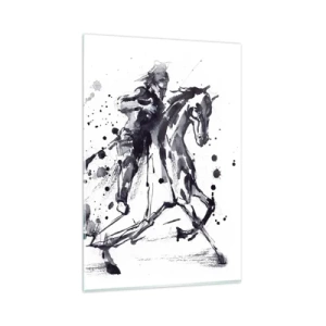 Obraz na szkle - Czarno-biała akwarela jeźdźca na galopującym koniu - 80x120cm - Czarny rycerz - Nowoczesna dekoracja ścienna do salonu i sypialni ARTTOR