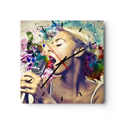 Zegar ścienny - Artystyczny portret kobiety śpiewającej z kolorowymi efektami - 30x30cm - Pomalować głosem świat - Nowoczesna dekoracja ścienna do salonu i sypialni ARTTOR