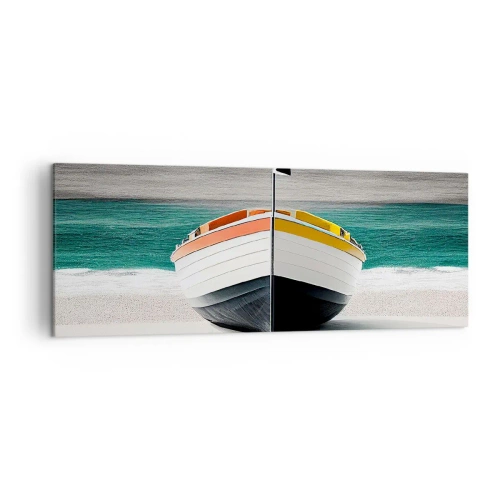 Obraz na płótnie - Łódź na plaży z turkusowym morzem w tle - 140x50cm - Na swoim miejscu - Nowoczesna dekoracja ścienna do salonu i sypialni ARTTOR