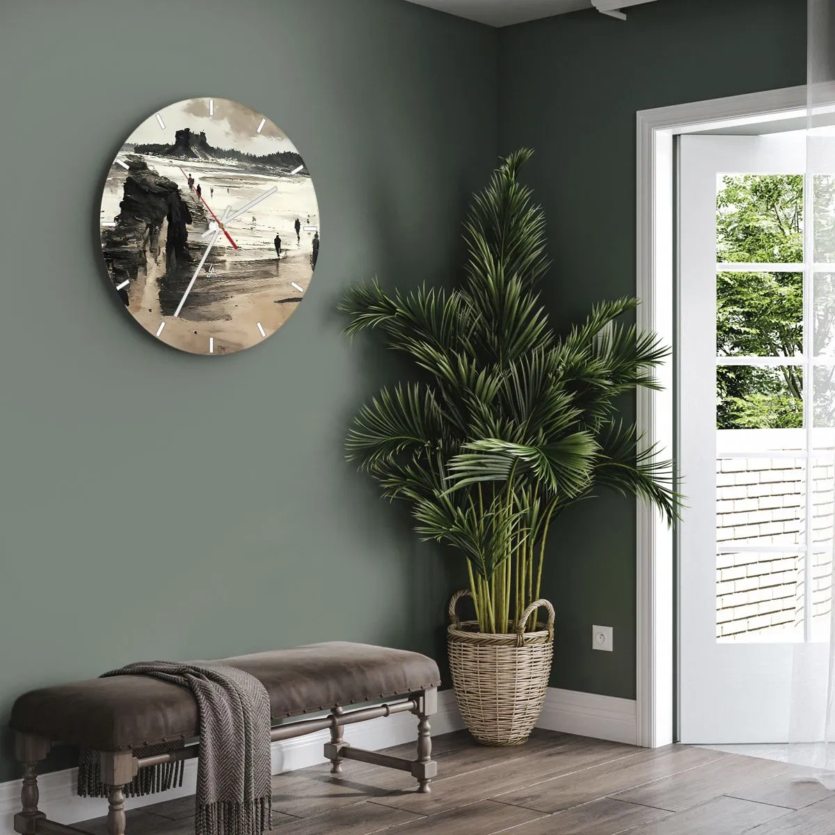 Zegar ścienny - Postacie spacerujące po plaży z klifami w tle - 30x30cm - Przywołani - Nowoczesna dekoracja ścienna do salonu, kuchni i sypialni ARTTOR