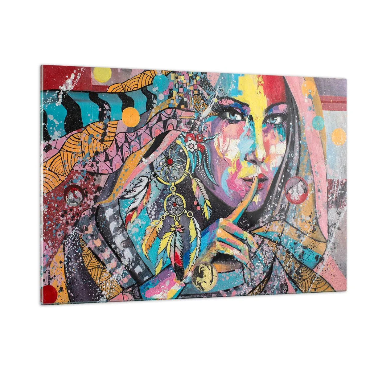 Obraz na szkle - Kolorowy portret kobiety z motywami etnicznymi i piórami - 120x80cm - Milcz, aż zrozumiesz - Nowoczesna dekoracja ścienna do salonu, kuchni i sypialni ARTTOR