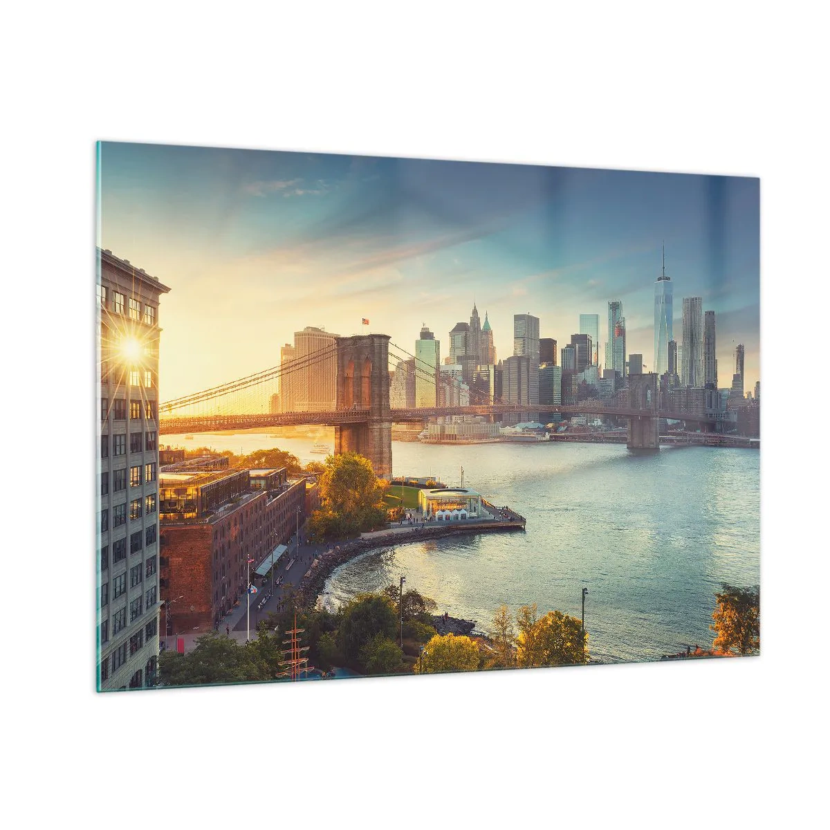 Obraz na szkle - Panorama Nowego Jorku z mostem Brooklyn - 100x70cm - Wielkomiejski świt - Nowoczesna dekoracja ścienna do salonu, kuchni i sypialni ARTTOR