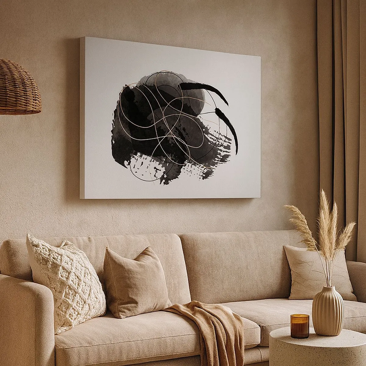 Obraz na płótnie - Abstrakcja w czerni i złocie na białym tle - 70x50cm - Wysnute z czerni - Nowoczesna dekoracja ścienna do salonu i sypialni ARTTOR