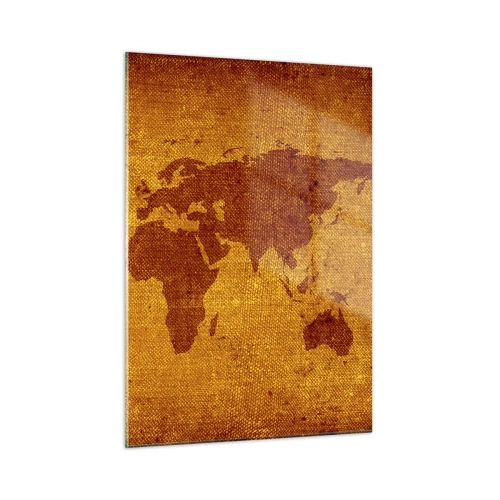 Obraz na szkle - Mapa świata w ciepłych, sepia-tonowanych barwach - 50x70cm - Zaproszenie do podróży - Nowoczesna dekoracja ścienna do salonu, kuchni i sypialni ARTTOR