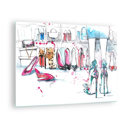 Obraz na szkle - Ilustracja z eleganckimi butami na szpilkach w sklepie - 70x50cm - Sezamie, otwórz się - Nowoczesna dekoracja ścienna do salonu i sypialni ARTTOR