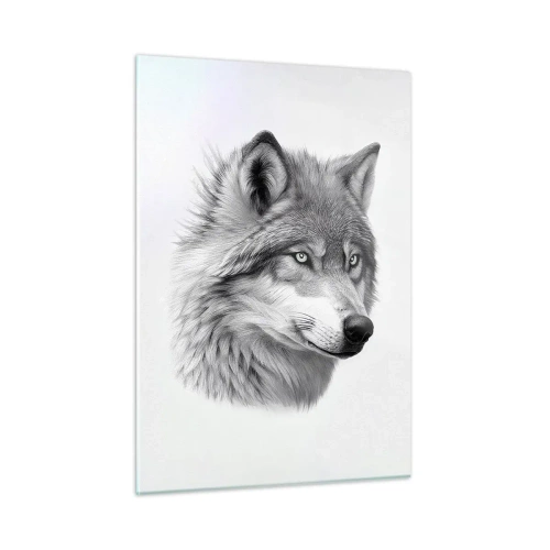 Obraz na szkle - Czarno-biały portret wilka z przenikliwym spojrzeniem - 50x70cm - Alfa – bez wątpienia - Nowoczesna dekoracja ścienna do salonu, kuchni i sypialni ARTTOR