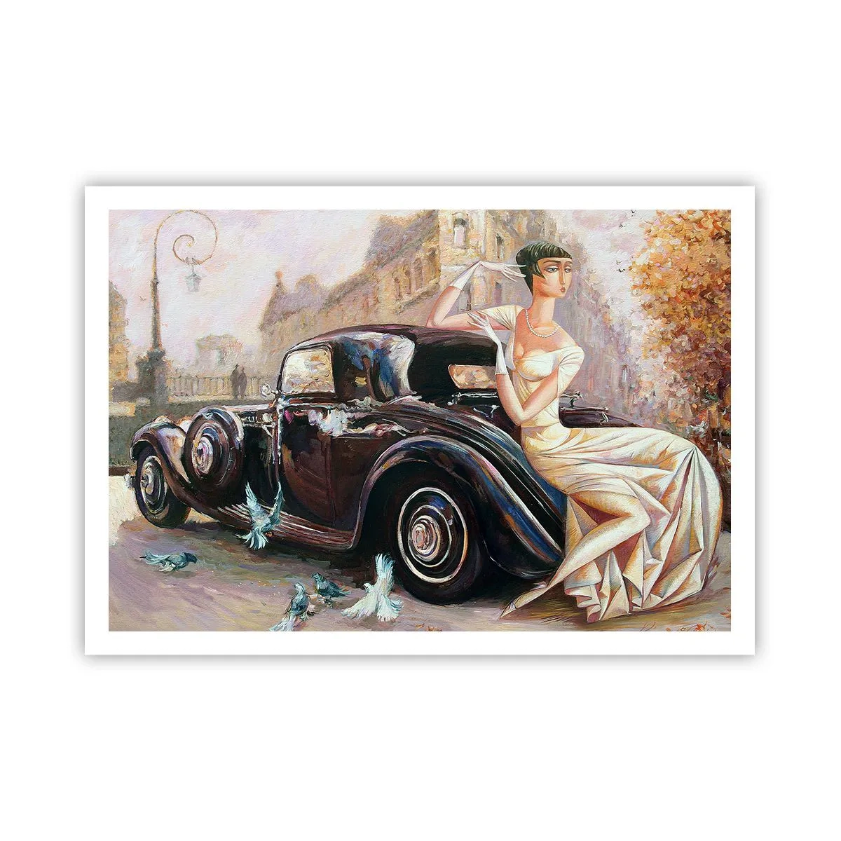 Plakat - Kobieta w stylu retro obok klasycznego samochodu - 100x70cm - Elegancja w stylu retro - Nowoczesna dekoracja ścienna do salonu i sypialni ARTTOR