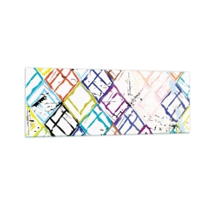 Obraz na szkle - Kolorowa abstrakcja z geometrycznymi kształtami na białym tle - 140x50cm - Komórki do wynajęcia - Nowoczesna dekoracja ścienna do salonu i sypialni ARTTOR