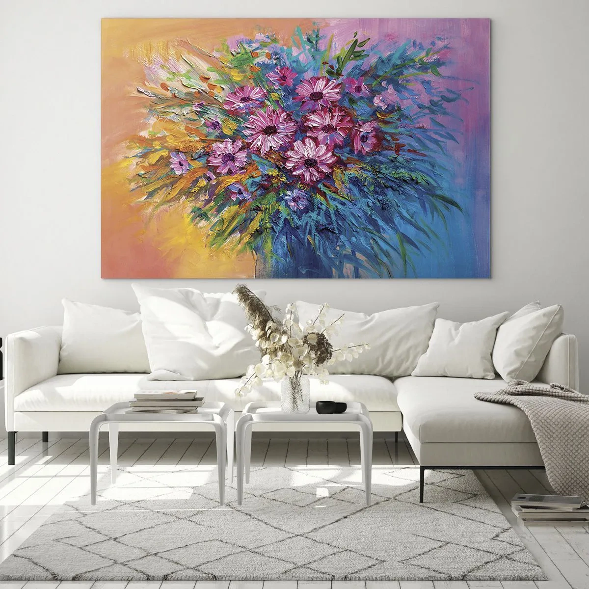 Obraz na szkle - Bukiet różowych kwiatów w artystycznej, kolorowej kompozycji - 70x50cm - Energia życia - Nowoczesna dekoracja ścienna do salonu i sypialni ARTTOR