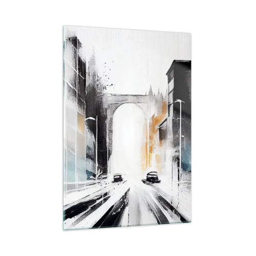Obraz na szkle - Dynamiczna miejska ulica z samochodami i łukiem w tle w malarskim stylu - 50x70cm - Studium miasta: architektura i ruch - Nowoczesna dekoracja ścienna do salonu, kuchni i sypialni ARTTOR