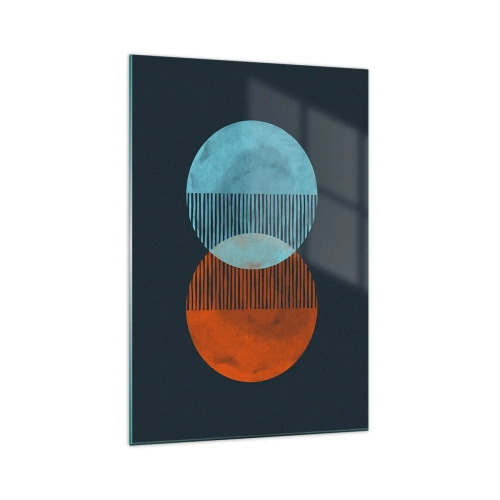 Obraz na szkle - Dwa koła w kolorze pomarańczowym i niebieskim na ciemnym tle - 70x100cm - Astronomiczna fantazja - Nowoczesna dekoracja ścienna do salonu i sypialni ARTTOR