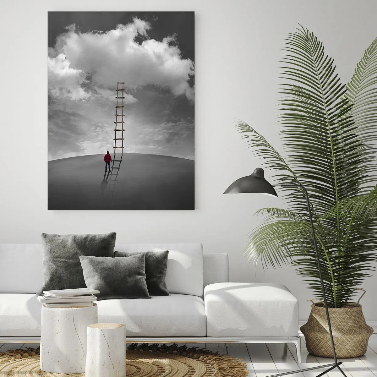 Obraz na szkle - Osoba patrzy na drabinę prowadzącą do chmury - 50x70cm - Wszystko możliwe - Nowoczesna dekoracja ścienna do salonu, kuchni i sypialni ARTTOR