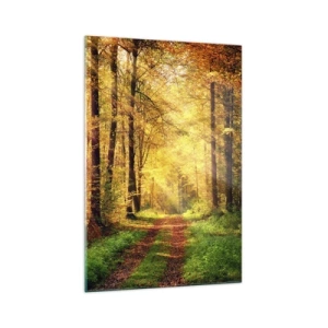 Obraz na szkle - Leśna ścieżka otoczona złotymi i zielonymi drzewami - 70x100cm - Leśno-złota cisza - Nowoczesna dekoracja ścienna do salonu i sypialni ARTTOR