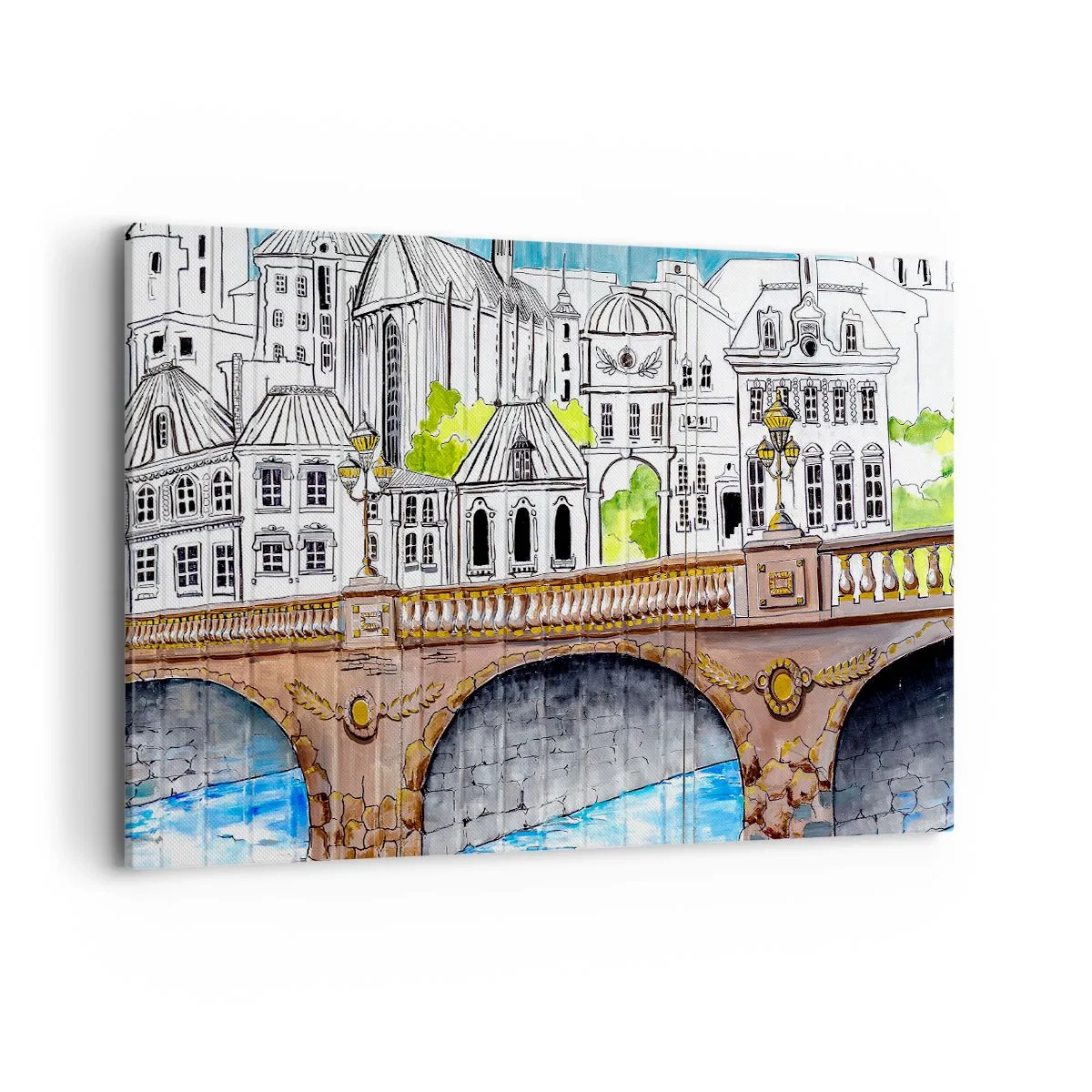Obraz na płótnie - Rysunek mostu i zabytkowej architektury miejskiej - 120x80cm - Miasto jak malowane - Nowoczesna dekoracja ścienna do salonu, kuchni i sypialni ARTTOR