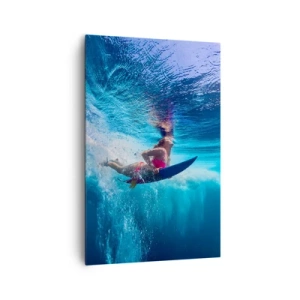 Obraz na płótnie - Surferka pod wodą w dynamicznej kompozycji w odcieniach błękitu - 80x120cm - Głębia radości - Nowoczesna dekoracja ścienna do salonu i sypialni ARTTOR