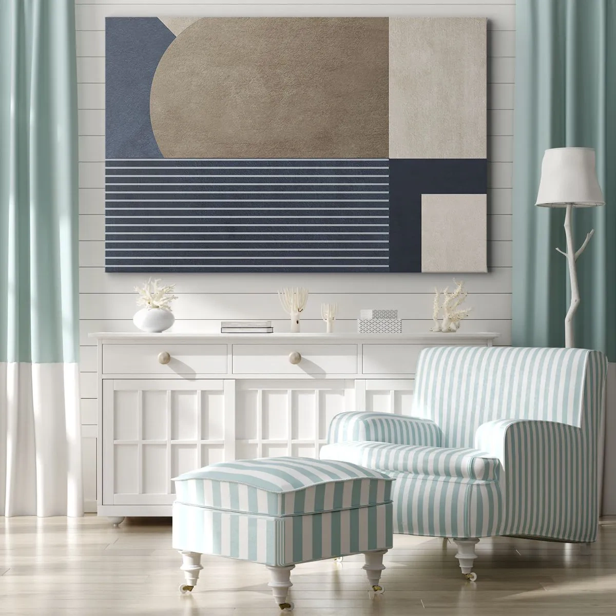 Obraz na płótnie - Geometryczne figury w odcieniach beżu i granatu z liniami - 70x50cm - Kompozycja prostoty i krągłości - Nowoczesna dekoracja ścienna do salonu i sypialni ARTTOR