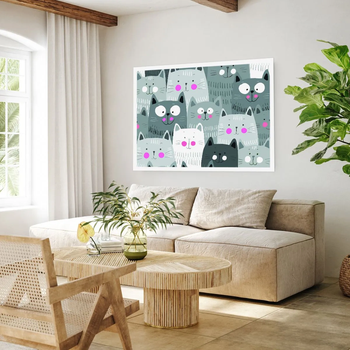 Plakat - Zabawny wzór z kotami w odcieniach szarości - 100x70cm - Koci świat - Nowoczesna dekoracja ścienna do salonu i sypialni ARTTOR