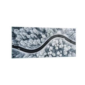 Obraz na szkle - Zakręcona droga w zimowym lesie z lotu ptaka - 120x50cm - Przez zimowy las - Nowoczesna dekoracja ścienna do salonu i sypialni ARTTOR