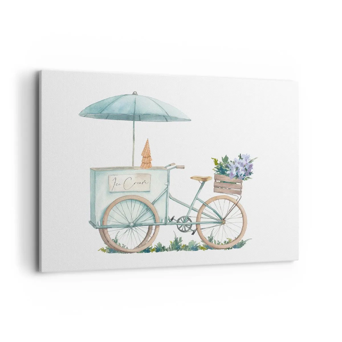 Obraz na płótnie - Rower z lodami i kwiatami pod parasolem w delikatnej pastelowej kolorystyce - 100x70cm - Słodkie wspomnienie lata - Nowoczesna dekoracja ścienna do salonu, kuchni i sypialni ARTTOR