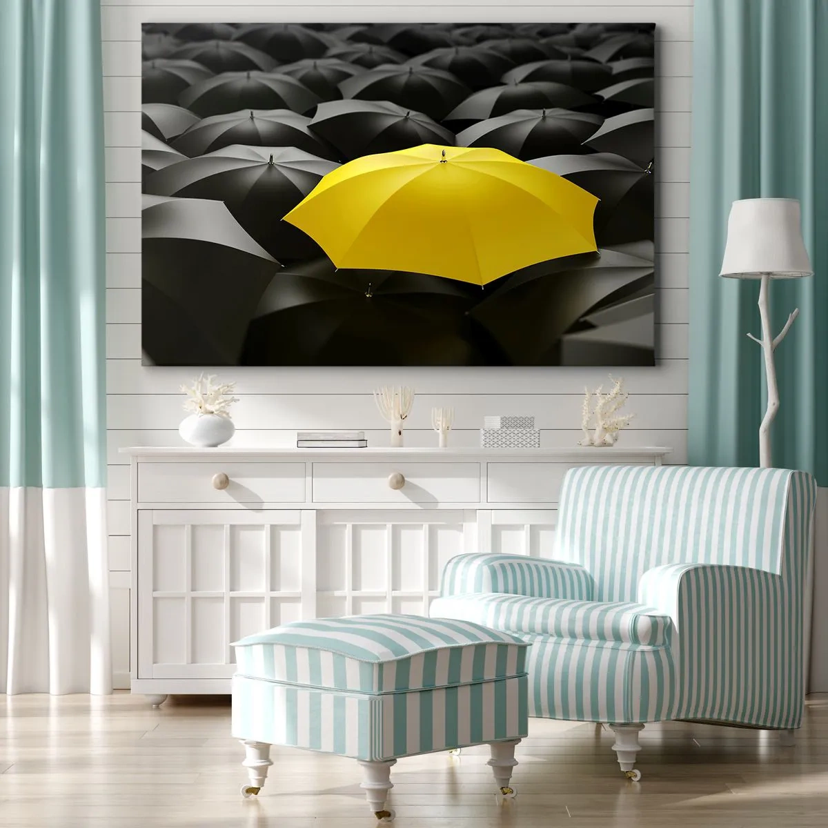 Obraz na płótnie - Żółty parasol wśród czarnych parasoli - 120x80cm - Żegnaj smutku - Nowoczesna dekoracja ścienna do salonu, kuchni i sypialni ARTTOR