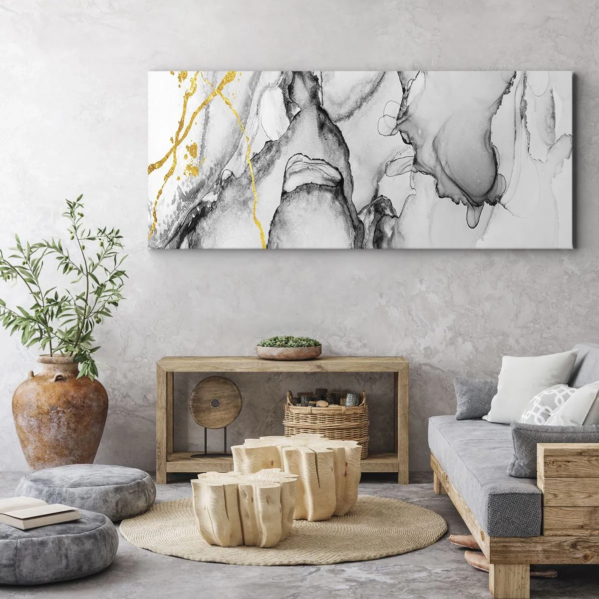 Obraz na płótnie - Abstrakcyjne czarno-białe wzory z dodatkiem złotych akcentów - 160x50cm - Kompozycja z motywem złota - Nowoczesna dekoracja ścienna do salonu i sypialni ARTTOR