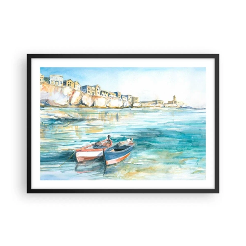 Plakat w czarnej ramie - Malowniczy krajobraz nadmorski z łodziami na wodzie - 70x50cm - Pejzaż w lazurze - Nowoczesna dekoracja ścienna do salonu i sypialni ARTTOR