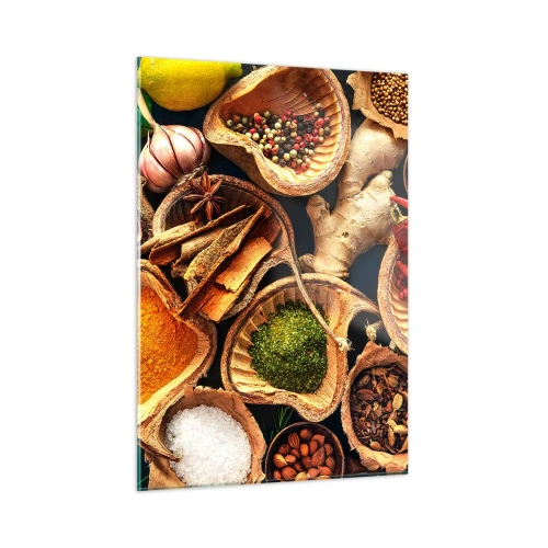 Obraz na szkle - Kolorowe przyprawy w naturalnych pojemnikach z dodatkami - 50x70cm - Bierz, co chcesz - Nowoczesna dekoracja ścienna do salonu, kuchni i sypialni ARTTOR
