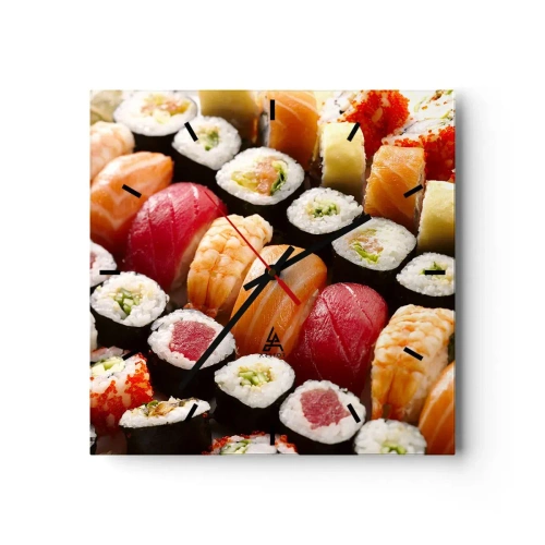 Zegar ścienny - Kolorowe sushi ułożone w rzędy z różnorodnymi dodatkami - 30x30cm - Barwy i smaki Azji - Nowoczesna dekoracja ścienna do salonu i sypialni ARTTOR