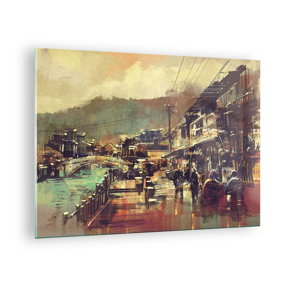 Obraz na szkle - Uliczny krajobraz w malarskim stylu z motywem mostu i kanału - 70x50cm - Życie jako bogactwo szarości - Nowoczesna dekoracja ścienna do salonu i sypialni ARTTOR