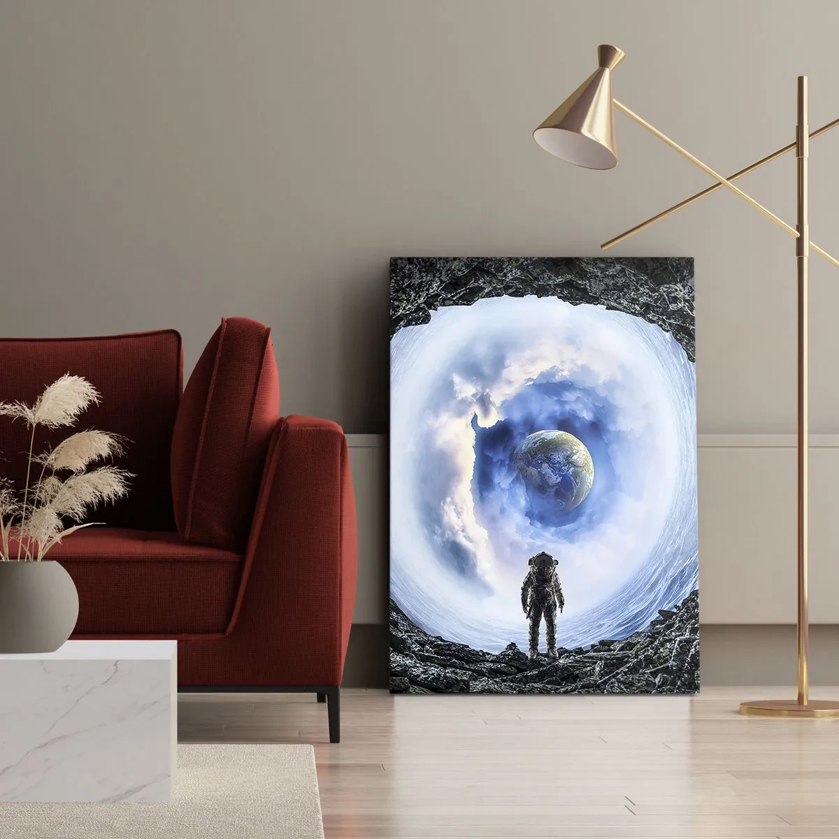 Obraz na płótnie - Astronauta na tle kosmicznego pejzażu z Ziemią - 70x100cm - Już niedaleko do domu - Nowoczesna dekoracja ścienna do salonu i sypialni ARTTOR