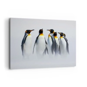 Obraz na płótnie - Grupa pingwinów cesarskich w zimowej mgle - 100x70cm - Spotkanie w wieczorowych strojach - Nowoczesna dekoracja ścienna do salonu, kuchni i sypialni ARTTOR