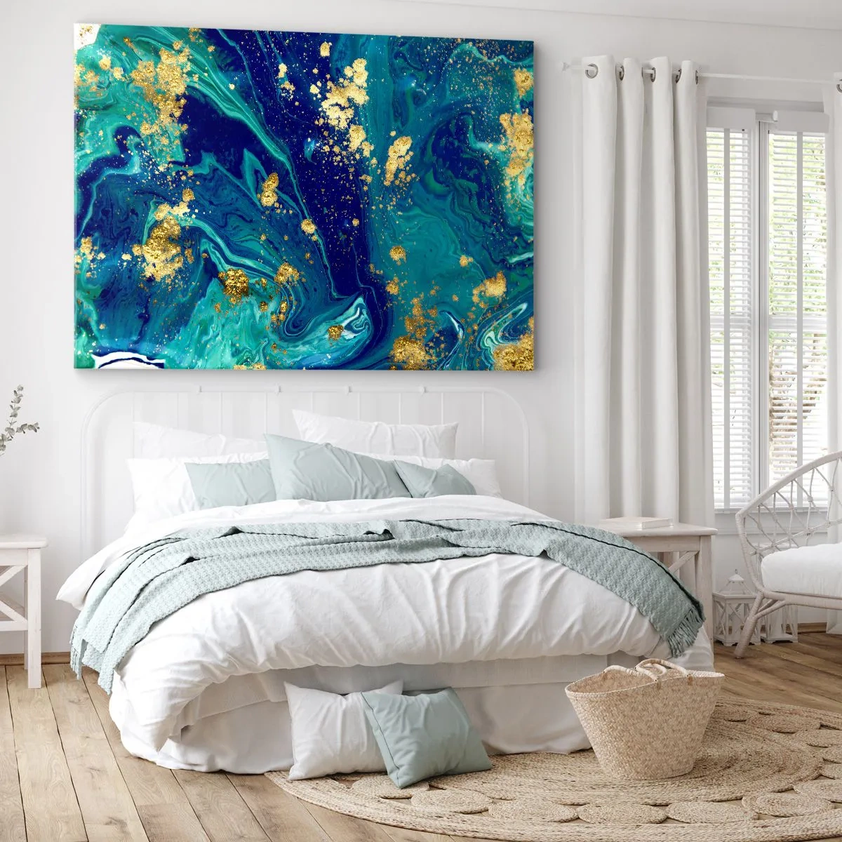 Obraz na płótnie - Abstrakcyjna kompozycja z błękitem, zielenią i złotymi akcentami - 70x50cm - Płatki słońca - Nowoczesna dekoracja ścienna do salonu i sypialni ARTTOR